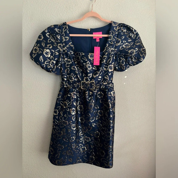 Lilly Pulitzer Kasslyn Dress in High Tide Navy/ Gold Floral Brocade - worn once! - Picture 4 of 13